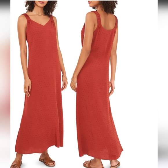 Vince Camuto Dresses & Skirts - Vince Camuto Sleeveless V- Neck Clip Dot Shift Rust Maxi Dress Size L